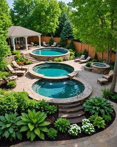 an outdoor swimming pool surrounded by landscaping