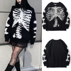 Women Clothing Long Sleeve Woolen Spring Autumn Halloween Skull Print Casual Pullover Sweater - Black,S Winter Oversized Skull Print Tops, White Long Sleeve Grunge Sweater, Halloween Long Sleeve Streetwear Sweater, Spooky Long Sleeve Black Sweater, Spooky Black Long Sleeve Sweater, Oversized Grunge Halloween Sweater, Winter Emo Crew Neck Sweatshirt, Halloween Long Sleeve Emo Tops, Emo Long Sleeve Halloween Tops