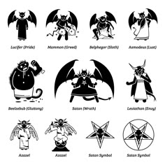 an image of different types of demon symbols in black and white on a white background