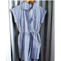 Never Worn. Navy And White Casual Cotton Dress. Fits Like A Small, Elastic Waist 28” Stretches To 36” Striped Shirt Dress With Buttons For Vacation, Vacation Shirt Dress With Stripes And Buttons, Vacation Striped Shirt Dress With Buttons, Collared Cotton Shirt Dress For Vacation, Striped Shirt Dress With Buttons For The Beach, Casual Striped Shirt Dress With Buttons, Summer Cotton Shirt Dress For Daywear, Summer Cotton Collared Dress, Cotton Shirt Dress With Button Closure For Vacation