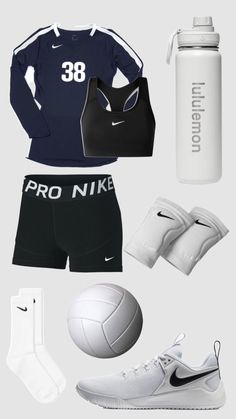 an assortment of sports gear including shoes, socks and water bottle