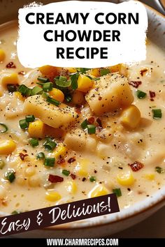 This creamy corn chowder is the perfect comfort food for any chilly day. Made with fresh sweet corn, diced tender potatoes, and crispy smoky bacon, each spoonful is packed with rich flavors. Properly simmering the ingredients in a deliciously creamy broth creates a comforting and hearty meal that spices up your dinner table. Perfect as a main dish, this chowder provides warmth and satisfaction for families and guests. Get ready to serve a building block of comfort food with this easy to follow creamy corn chowder recipe. Creamy Corn Chowder Recipe, Creamy Corn Chowder, Savory Bacon, Homemade Soups, Cozy Gathering, Corn Chowder Recipe, Chowder Soup, Chowder Recipe, Creamy Corn