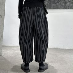 Striped Loose Cropped Harem Casual Pants Casual Loose Fit Ankle-length Harem Pants, High-waist Loose Fit Harem Pants With Side Pockets, Loosely Fitted Ankle-length Harem Pants With Drawstring, Cotton Streetwear Ankle-length Harem Pants, Full-length Cotton Harem Pants For Streetwear, Casual Pants, Elastic Waist, Pants