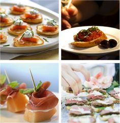 four different pictures with food on them including appetizers, finger foods and salads