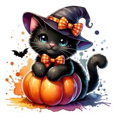 a black cat wearing a hat and bow tie sitting on top of a pumpkin