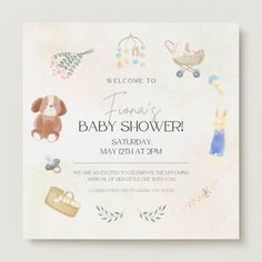 a baby shower is shown with items on it's birth day party card, including a teddy bear and other toys