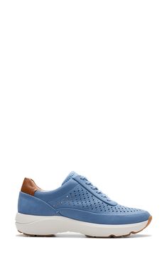 Shaped from buttery nubuck, this lightweight sneaker was built for comfort with breezy perforations, a shock-absorbing sole and Contour Cushion footbed. Lace-up style Removable insole Leather upper and lining/rubber sole Imported Blue Suede Sneakers With Removable Insole, Comfortable Blue Leather Sneakers, Blue Perforated Sneakers For Spring, Blue Sneakers With Perforated Toe Box, Blue Sneakers With Perforated Toe Box For Spring, Suede Sneakers For Walking In Spring, Spring Suede Sneakers For Walking, Suede Sneakers For Spring Walking, Casual Low-top Walking Shoes With Vented Sides