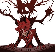 a cartoon character sitting on top of a keyboard next to a tree with spooky branches