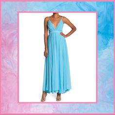 This Turquoise Maxi Dress By Meghan La Is Sexy Yet Demure With An Empire Waist And A Deep V-Neckline. Features Built-In Bra Cups, Adjustable Crisscross Spaghetti Straps And A Center Back Zipper With A Hook-And-Eye Closure. The Full Length Skirt Flares From The Gathered Empire Seam For An Ultra-Dramatic Look And Is Partially Lined With A Soft, Lightweight Knit Fabric. Approximately 56” Length. Turquoise Maxi Dress For Spring Party, Spring Turquoise Party Maxi Dress, Spring Turquoise Maxi Dress For Party, Flowy Blue Maxi Dress For Night Out, Spring Light Blue Maxi Dress For Night Out, Hot Pink Maxi Dress, Turquoise Maxi Dress, Button Maxi Dress, Coral Maxi Dresses