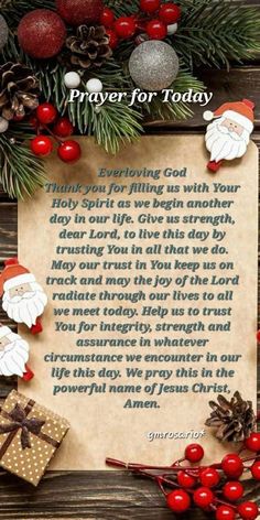 an old paper with christmas decorations on it and the words prayer for today written below