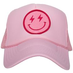 Stay charged up with peaceful vibes when you wear this foam wholesale trucker hat featuring a hot pink happy face emoji patch with lightning bolt eyes. 65% cotton, 35% polyester machine wash delicate or hand wash one size fits most adjustable back mesh netting snapback closure Von Dutch Hat, Pink Lightning, Fuzzy Bucket Hat, North Face Hat, Dior Hat, Peaceful Vibes, Face Emoji, Straw Hat Beach, Party Headband