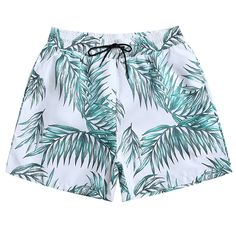 Leaf Print Swimming Board Shorts - White - 3662665914 - Men's Clothing, Men's Swimwear  #MensSwimwear #Men's #Clothing # #Men's #Swimwear Green Beachwear Swim Trunks With Drawstring, Green Drawstring Swim Trunks For Beachwear, Green Swim Trunks With Pockets For Beach, Green Printed Swim Trunks For Summer, Green Pool Shorts For Vacation, Green Shorts For Pool Vacation, Green Vacation Shorts For Pool, Green Drawstring Shorts For Poolside, Green Vacation Pool Shorts