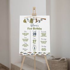 a wooden easel with a sign on it that says,'first birthday '