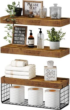 three shelves with towels, toilet paper and plants