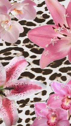 pink orchids and other flowers on a leopard print surface with spots in the background