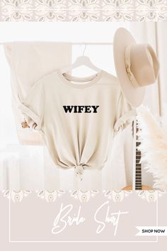 Cute bride shirt printed with boho text spelling out wifey or anything else you want makes the perfect gift idea for the bride to be at her bridal shower - something she can take along on her honeymoon too! Cute Bride, Wifey Shirt, Bridesmaid Shirt, Bride Shirt, Bridesmaid Shirts, Bride Shirts, Boho Shirts, Bride Gift, Bride To Be