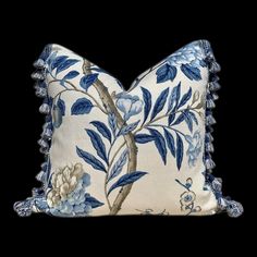 Emperors Garden Pillow, Blue Tassel Trim. Lumbar Decorative Pillow, Designer pillows, accent Chinoiserie cushion cover, Floral Blue Pillow, Lakehouse Living Room, Living Dining Room Ideas, Chinoiserie Pillows, Off White Background, Scale Pattern, Garden Pillows, Blue Tassel, Porcelain Blue, Indoor Outdoor Pillows