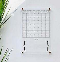 a calendar hanging on the wall next to a potted plant