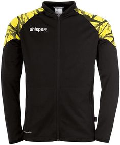 a black and yellow jacket with the words uhlsport on it's chest