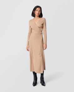 Astrid Wool-Cashmere Wrap Dress – Diane von Furstenberg Winter Wrap Dress, Camel Dress Outfit, Black Dresses Graduation, Wrap Dress Diane Von Furstenberg, Aesthetic Closet, Wrap Dress Outfit, Camel Dress, Flamboyant Gamine, Wrap Dress Styles