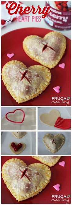 some heart shaped pies on a red plate with hearts around them and the words merry written