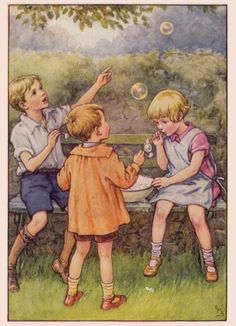 an old children's book with two boys and one girl blowing bubbles in the park