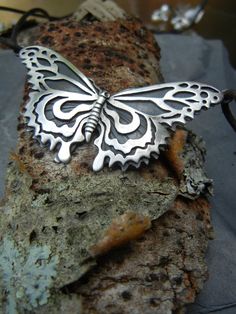 a silver butterfly sitting on top of a rock