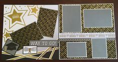 a scrapbook layout with gold stars and black and white patterns on the pages, along with an image of a graduate's cap