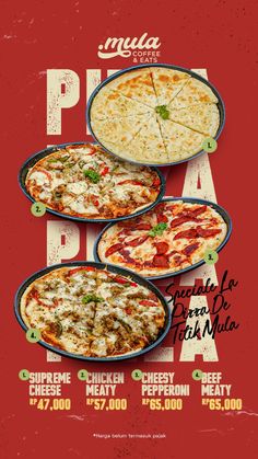 the menu for pizza is shown with different toppings on it, including cheese and pepperoni