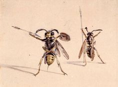 two bees with long legs and antennae, one holding a spear