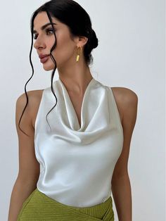 Apricot Elegant Collar Sleeveless Satin Plain Top Embellished Non-Stretch  Women Clothing Silk Tops For Women Classy, Halter Neck Top Outfit Casual, Tailored Tops For Women, Silk Blouse Outfit Classy, Silk Crop Top Outfit, Indian Business Women, Halter Top Outfit Classy, Silk Top Outfit Classy, Satin Crop Top Outfits