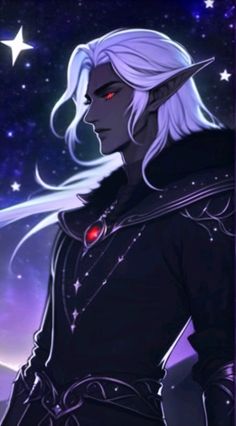 an image of a woman with white hair and red eyes standing in front of stars