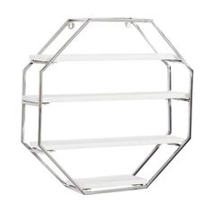 three tiered metal shelf with white shelves in the shape of hexagonal shapes