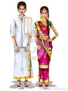 Tamilnadu Traditional Dress, Tamilnadu Illustration, Tamil Traditional Dress, India Traditional Dress, Bride Fashion Illustration, Bride And Groom Cartoon, Painting Journal, Indian States, Mandala Elephant