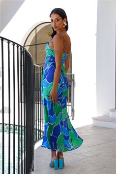 Length from shoulder to hem of size S: 133cm. Chest: 38cm, Waist: 33cm, size S. Maxi dress. Blue, green, purple. Semi-lined. Model is a standard XS and is wearing size XS. True to size. Non-stretch. Satin. Straight silhouette. Zipper. Cold hand wash only. Polyester. Love the 'fit you're in with the Patch Up Satin Maxi Dress. Featuring a gorgeous straight silhouette and a vibrant pattern design. Style with heels and curls for the best pictures! Blue Green Dress, Atami, Bridal Shower Dress, Shower Dresses, Jumpsuits And Romper, Best Pictures, Satin Maxi, Satin Maxi Dress, Long Sleeve Lace Dress