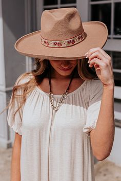 Our pretty taupe hued 'Girlfriend Status' fedora featuring lightweight wool material, a curved 4-inch brim, and a floral embroidered accent band! Hat Dimensions: Length - 15.5 Inches Width - 14 Inches Height - 4.5 Inches Cranial Circumference - 22 Inches Adjustable Brimmed Felt Hat For Spring, Adjustable Short Brim Felt Hat For Spring, Spring Beige Felt Hat With Curved Brim, Adjustable Fedora Felt Hat For Spring, Spring Adjustable Fedora Felt Hat, Adjustable Western Felt Hat For Spring, Spring Western Felt Hat With Adjustable Fit, Spring Fedora Felt Hat With Adjustable Fit, Beige Fitted Felt Hat For Summer