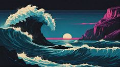 an image of the ocean with waves crashing in front of a mountain and sun setting