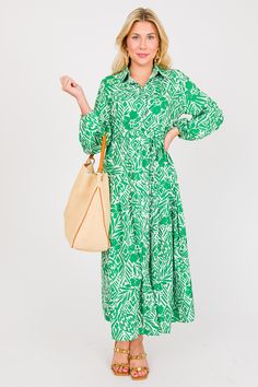 Tie Belted Floral Midi, Green - New Arrivals - The Blue Door Boutique Chic Spring Shirt Dress With Tie Fastening, Chic Spring Maxi Dress With Belted Cuffs, Spring Belted Dress With Tie Fastening For Daywear, Chic Midi Shirt Dress With Tie Fastening, Casual Shirt Dress With Tie Fastening For Spring, Casual Shirt Dress With Tie Fastening For Day Out, Spring Vacation Belted Dress With Tie Waist, Green Spring Dress With Tie Fastening, Spring Long Sleeve Shirt Dress With Pleated Waist