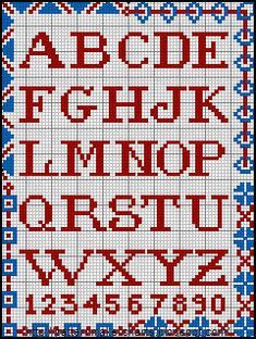 a cross stitch pattern with the letters and numbers in red, white, and blue