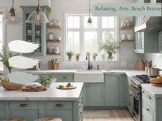 a kitchen filled with lots of green cabinets and counter top space next to a window