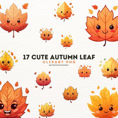 an autumn leaf clipart set with cute faces and leaves in different colors, including oranges, yellows, and browns