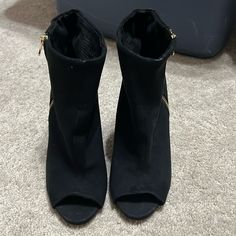 Never Worn Out, Only Tried On Gold Functioning Zippers 4” Heel Feels Like Suede Open Toe Brand : Express Size: 7 Black High Ankle Heels With Zipper, Black Booties With Zipper Closure And Round Toe, Black Ankle Boot Heels With Zipper, Black Ankle Boot Heels With Zipper Closure, Black Zipper Closure Ankle Boot Heels, Black Booties, Boots Booties, Bootie Boots, Open Toe