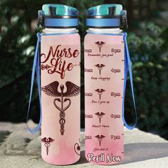 two pink water bottles with medical symbols on them