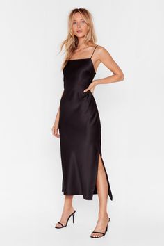 Like a mountain stream. This dress comes in satin and features a square neckline, midi silhouette, and slit at side. Witchy Dresses, Classic Midi Dress, Cruise Wear, Winter Formal, Wardrobe Inspiration, Satin Slip, Henri Bendel