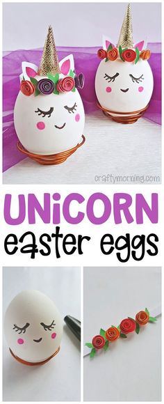 an egg decorated with unicorn faces and flowers is shown in three different ways to make it look