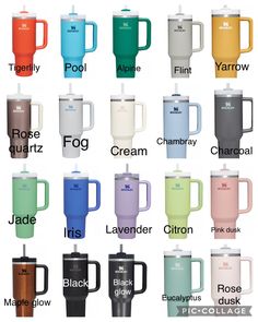 the different types of travel mugs are shown in this image, with their names on them