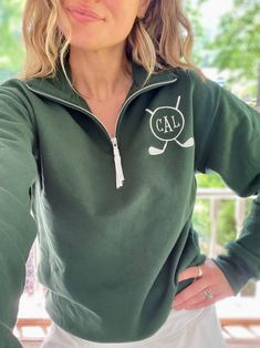 "*Model in video is a true size small wearing size small. These are unisex and are a more relaxed fit.* Welcome to LuLu Bleu Boutique! These monogrammed pullover quarter zips are excellent quality and perfect for golf enthusiasts! Available in lots of great colors, your choice of thread color, and sizes Small-3XL! Please give the following information in the message box at checkout: 1. Monogram (in the order you wish it to be embroidered: (First Initial, Last Initial, Middle Initial) 2. Thread c Golf Sweatshirt, Monogram Pullover, Golf Monogram, Personalized Jacket, December 4th, School Sweatshirts, Girls Golf, Personalized Golf, Quarter Zip Jacket