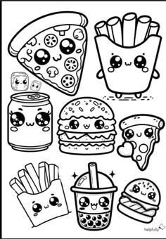 a black and white coloring page with different food items in the shape of cartoon faces