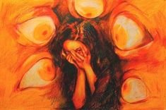 a drawing of a woman with her hands on her face in front of an orange background