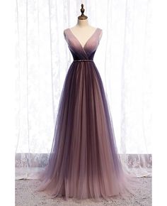 Purple Tulle Evening Dress With Sweep Train, V-neck Tulle Evening Dress For Prom, V-neck Evening Dress With Tulle Skirt, Long Ball Dresses, V Neck A Line Dress, Ombre Prom Dresses, Tulle Evening Dress, Dress Halter, Custom Size Dresses